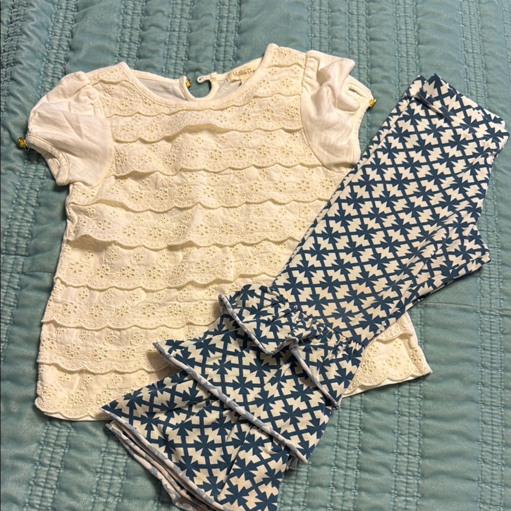 Matilda Jane White Lace Top and Blue Patterned Pants Set